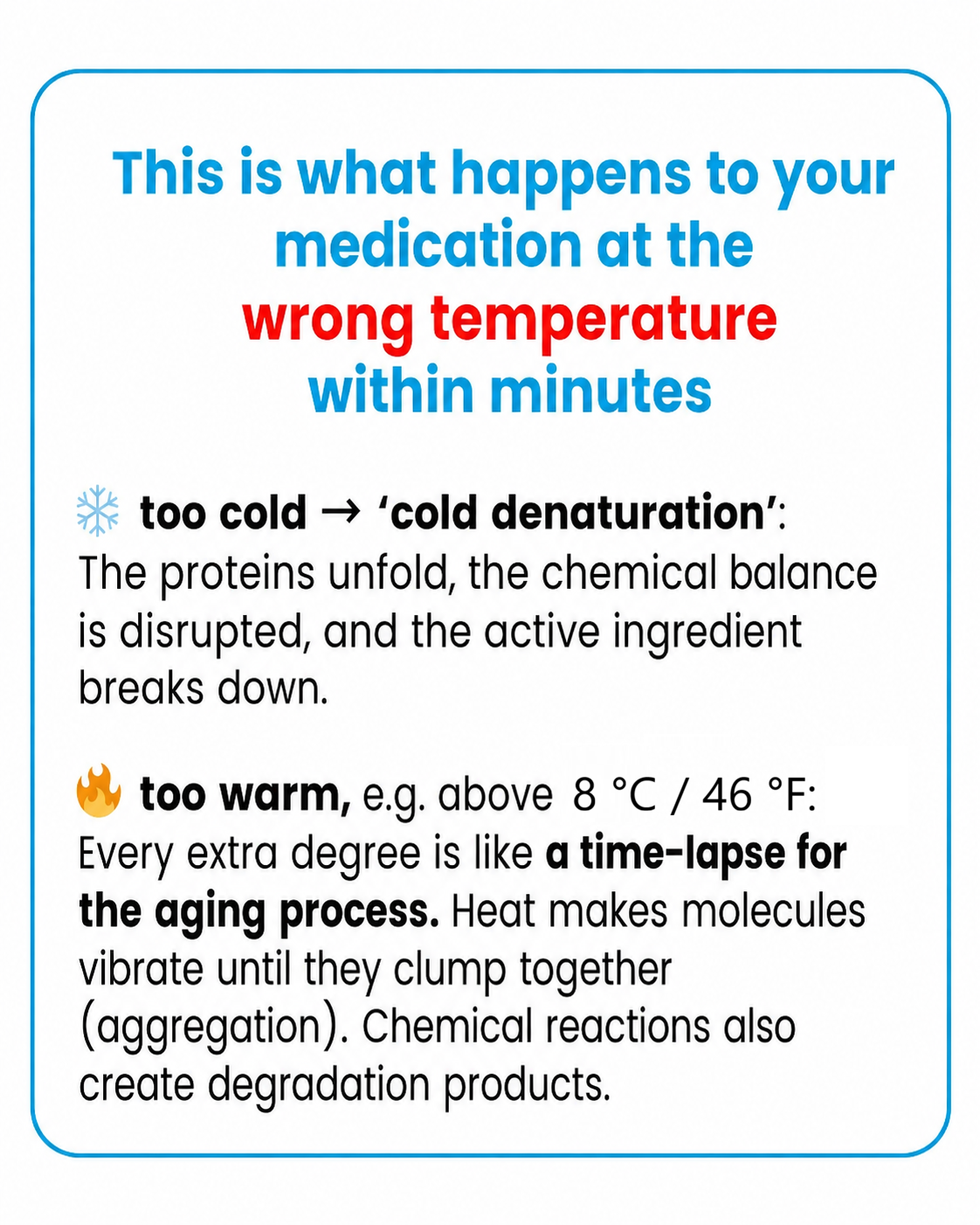 Wrong medicine temperature causes real damage: too cold or too warm: denaturation or aggregation - destroying the medicine